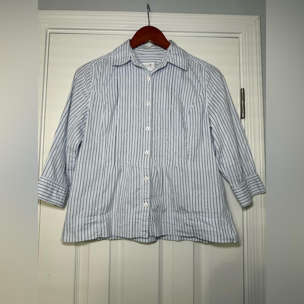 Preswick Moore Light Blue Striped Button Up Shirt 3/4 Sleeve Women's Medium M